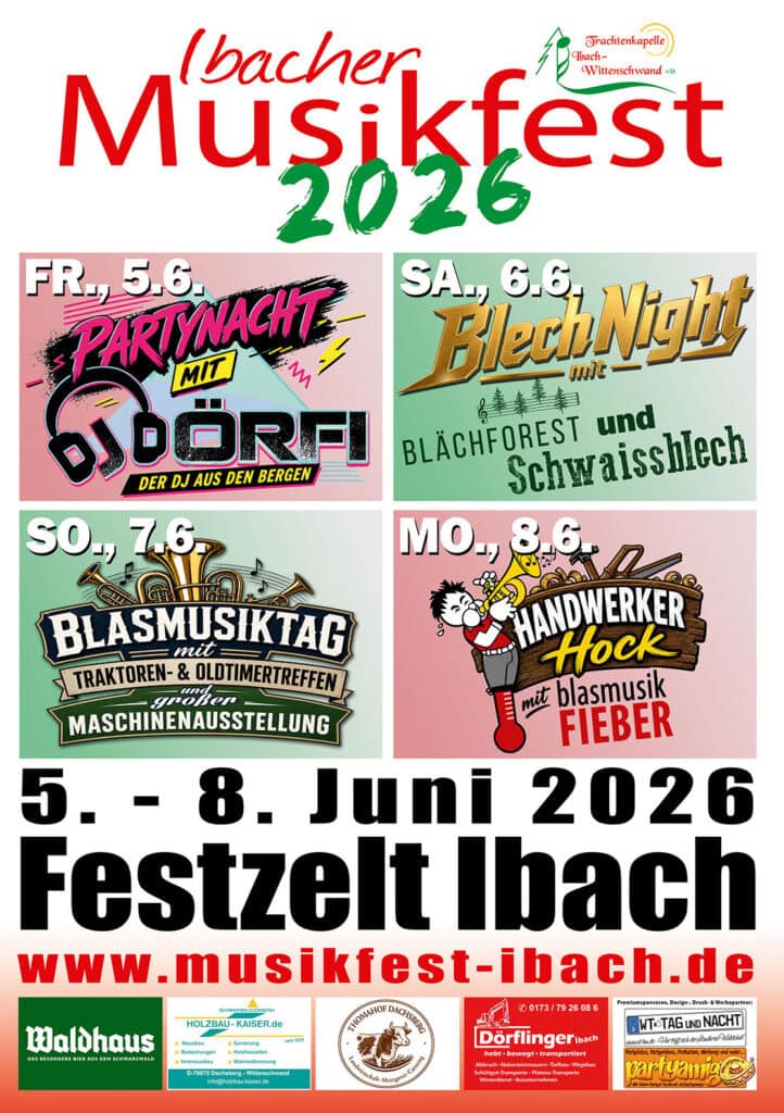 Plakat Ibacher Musikfest 2026 Übersicht aller Festtage 5.-8. Juni 2026