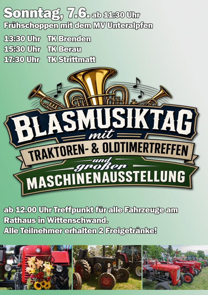 Blasmusiktag mit Traktoren- und Oldtimertreffen am Sonntag 7.6.2026